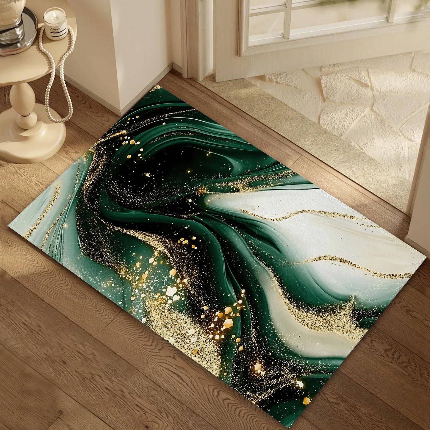 Green Gold Marble Welcome Mat,Modern Abstract Indoor Rugs for Entryway,Anti-Slip Low Profile Doormats Porch Mats for Front Door Stairway Rug Living Room Floor Mat 30 x 17 Inch