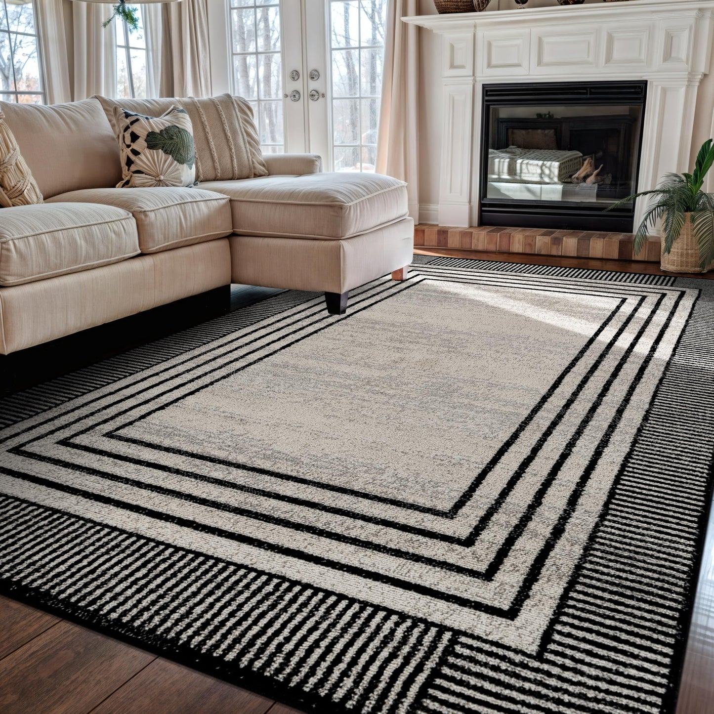 Rugshop Contemporary Geometric Bordered Indoor Area Rug for Living Room,Bedroom,Kitchen Rug Low Pile Rug with Jute Backing 5' x 7' Cream
