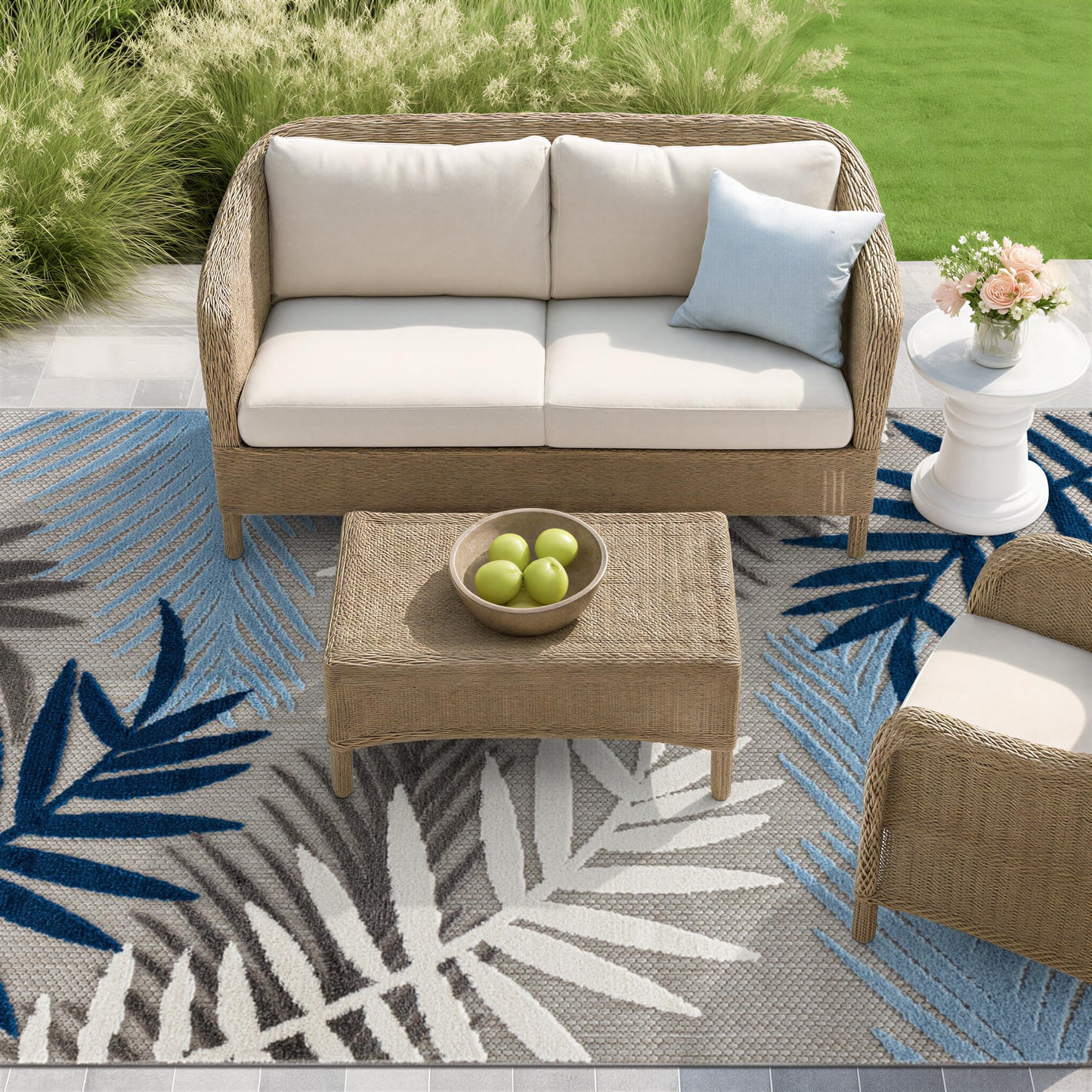 Rugshop Blue Palm Frond Indoor/Outdoor Area Rug Non-Shedding Easy Cleaning for Patio, Deck and Living Room, 5' x 7'