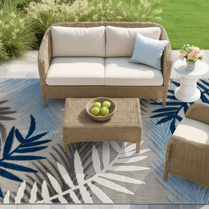Rugshop Blue Palm Frond Indoor/Outdoor Area Rug Non-Shedding Easy Cleaning for Patio, Deck and Living Room, 5' x 7'
