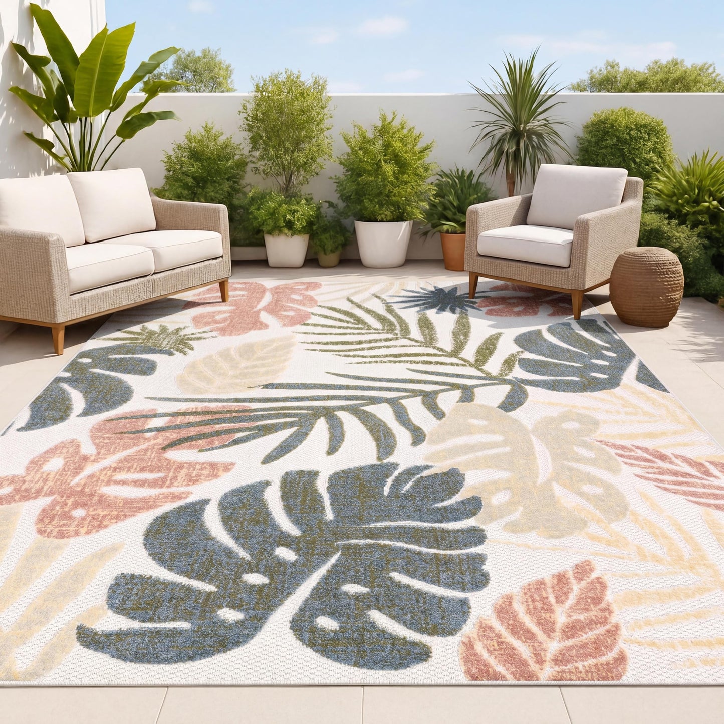 JONATHAN Y Tropical Leaf Indoor Outdoor Area Rug 8x10 Cream/Multi, Monstera High-Low for Backyard, Patio, Porch, Easy-Cleaning, High Traffic, Pet-Friendly, Non-Shedding (AMC113D-8)