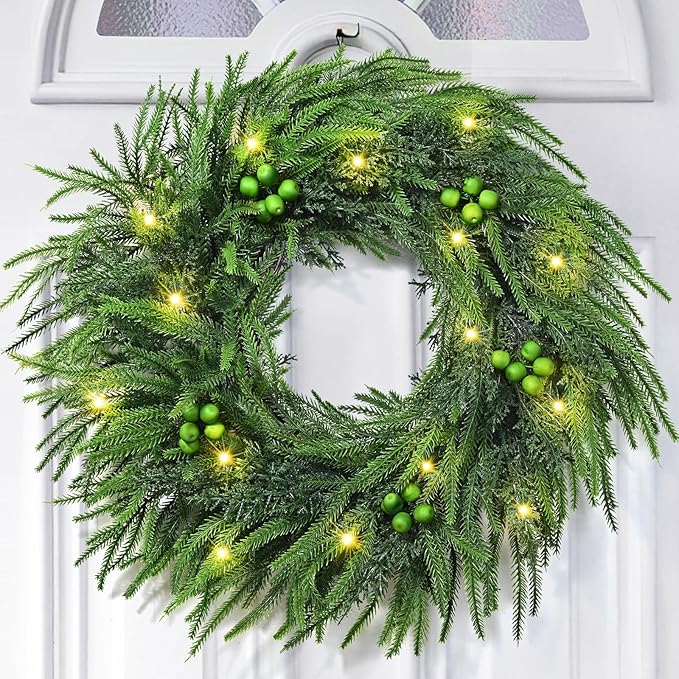 24 Inch Christmas Wreaths for Front Door, 2 Pack Real Touch Norfolk Pine Wreath Large Christmas Wreath with Lights, Winter Wreaths Christmas for Outdoor Indoor Windows Xmas Decor