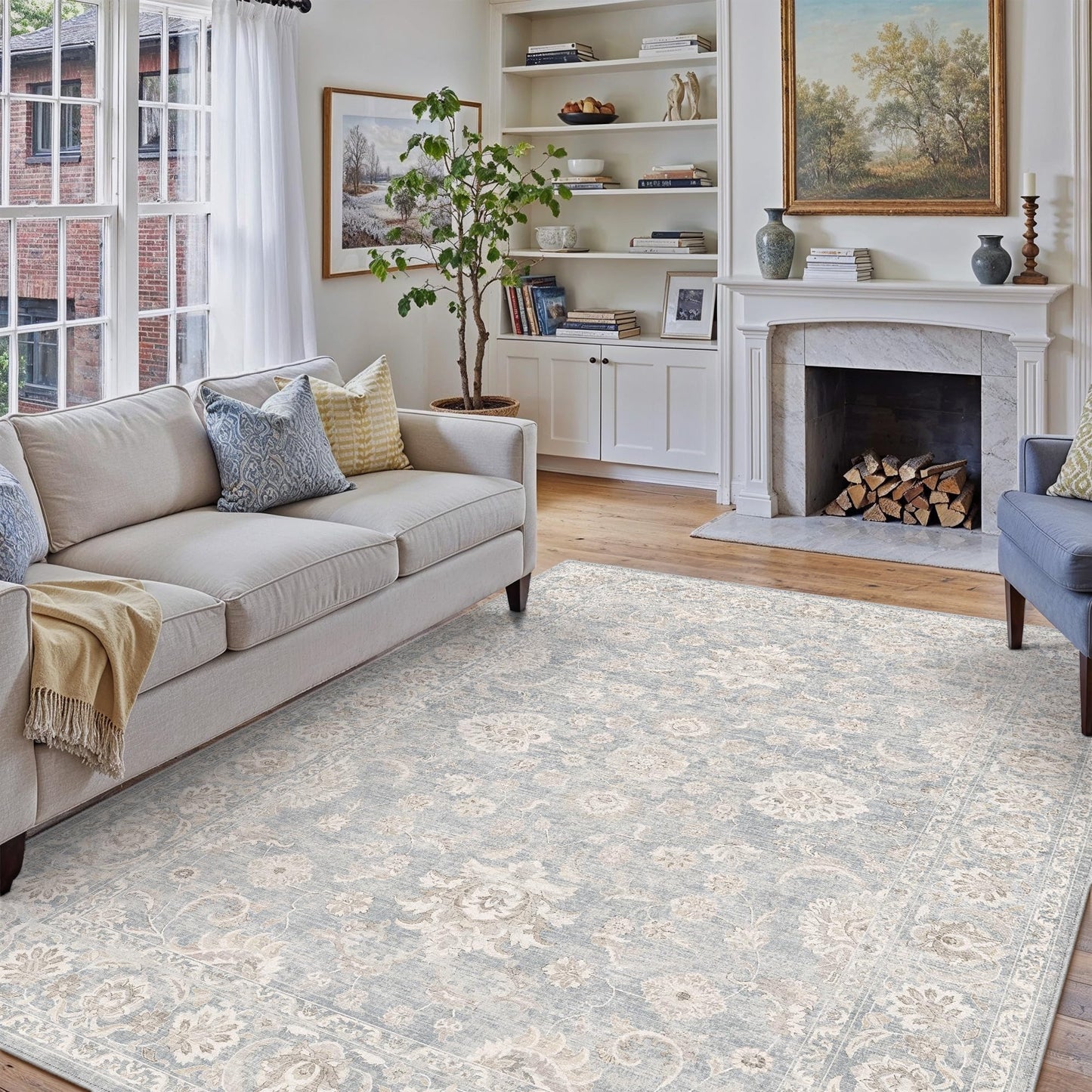 WondRg 8x10 Blue Cream Washable Area Rug for Living Room Bedroom Neutral Floral Soft Non Slip Rug Low Pile Distressed Carpet for Dining Room Nursery Office Indoor
