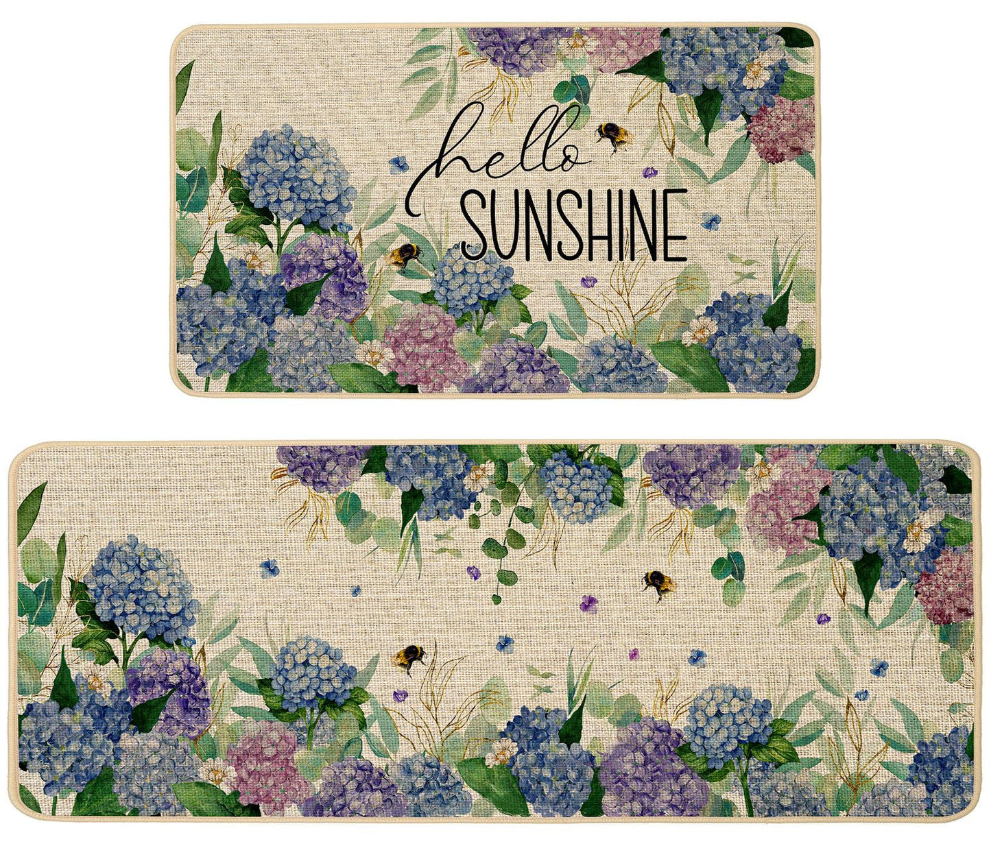 Baccessor Hydrangea Kitchen Mats Set of 2, Spring Summer Floral Bee Kitchen Rugs for Floor Non Slip Absorbent Low-Profile Seasonal Farmhouse Home Decor 17x29 and 17x47 Inch
