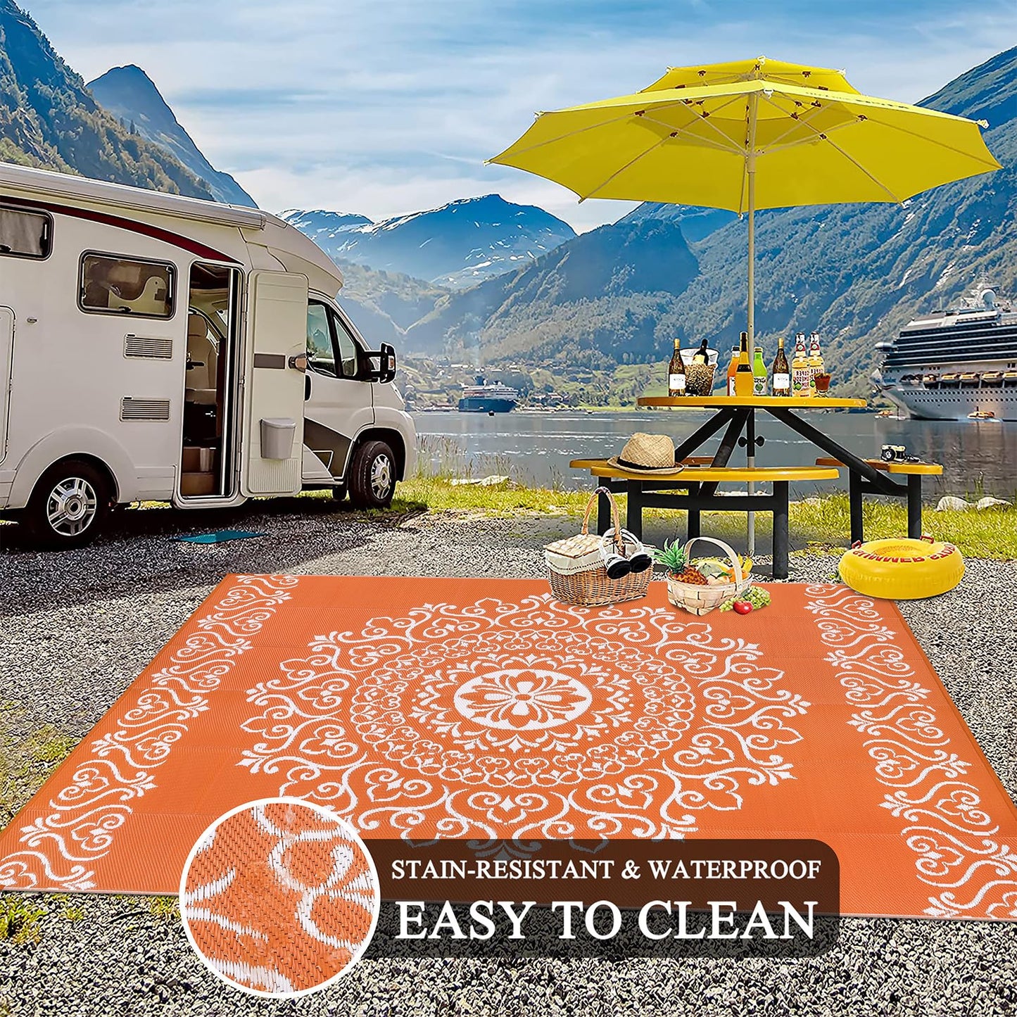 Pauwer Waterproof Outdoor Rug 8x10, Reversible Plastic Straw Patio Camping Rug, Indoor Outdoor RV Mat Carpet for Deck, Camper, Porch, Balcony, Backyard, Picnic, Floral Orange