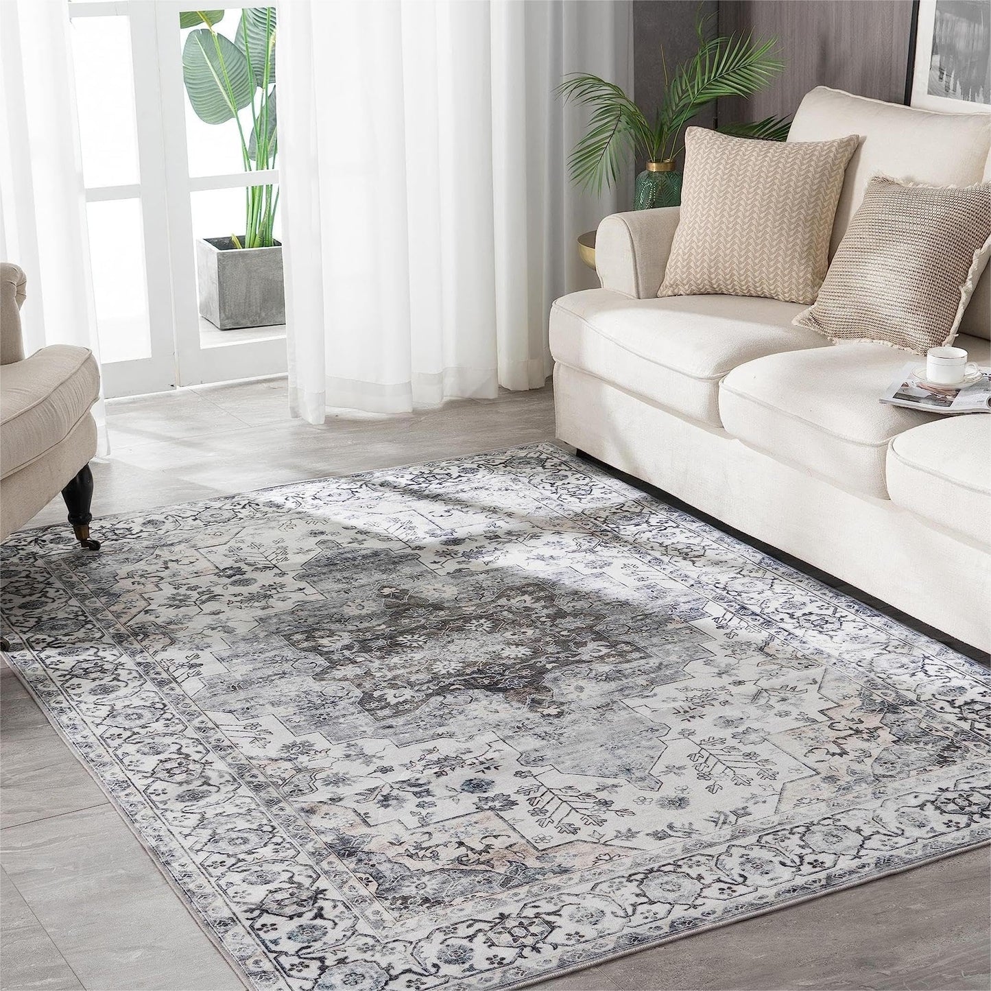 Syalife 3x5 Washable Area Rug, Ultra Soft Non-Slip, Low Pile, Stain Resistant Vintage Area Rug for Living Room, Boho Carpet for Bedroom, Dining Room, Office, Foldable Entryway Rugs, Grey/White