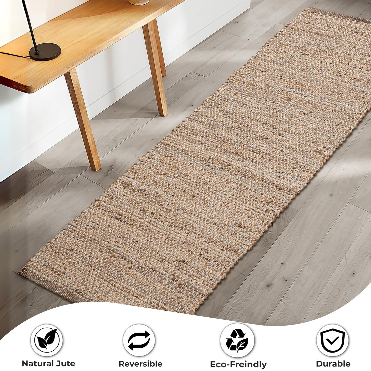 Hausattire Jute Woven Runner Rug 2'x6' - Natural, Hand Braided Boho Reversible Area Rugs for Kitchen, Living Room | Farmhouse Indoor Outdoor Long Mat for Bedroom, Natural Fiber Patio Mats - 24x72 Inch