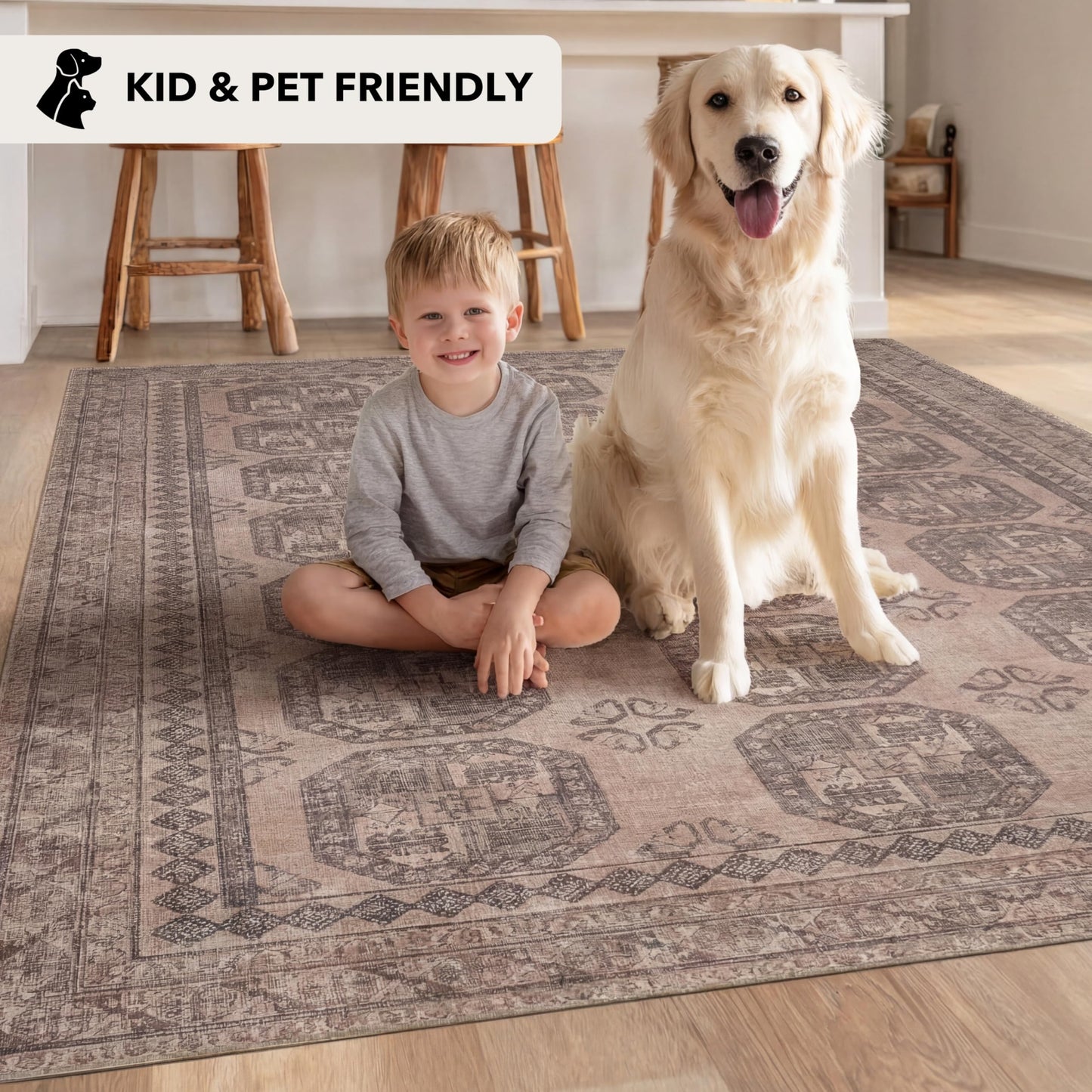 Kuden 6x9 Area Rug, Machine Washable Area Rug with Non-Slip Backing, Vintage Style, Soft, Easy Clean, Low Pile Rug for Living Room, Bedroom, Dining Room