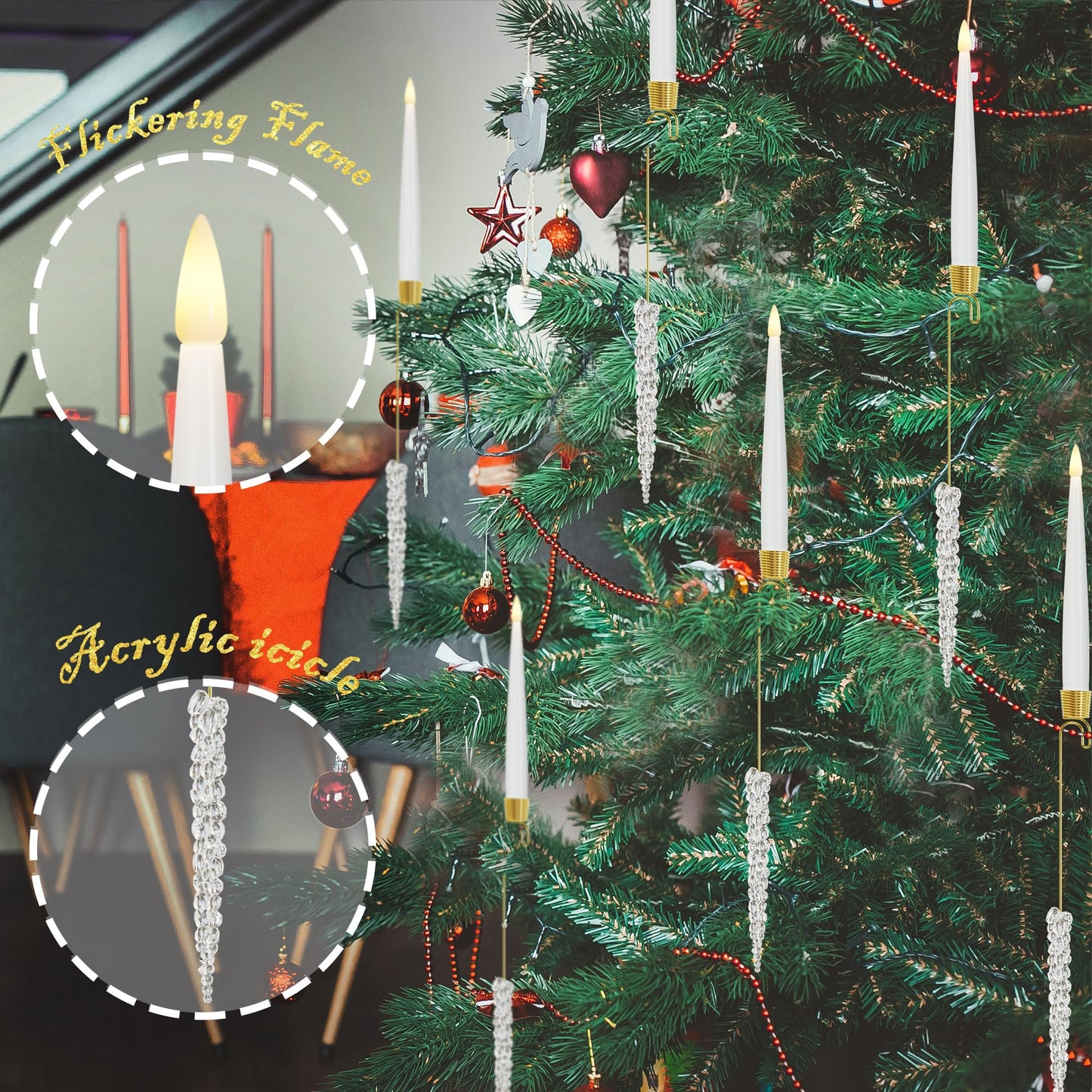 JOIONE Flameless Christmas Tree Candles with Remote, 12 Pack Battery Operated LED Candles for Christmas Tree Flickering Flame for Xmas Indoor Decor - Acrylic Icicles Hook