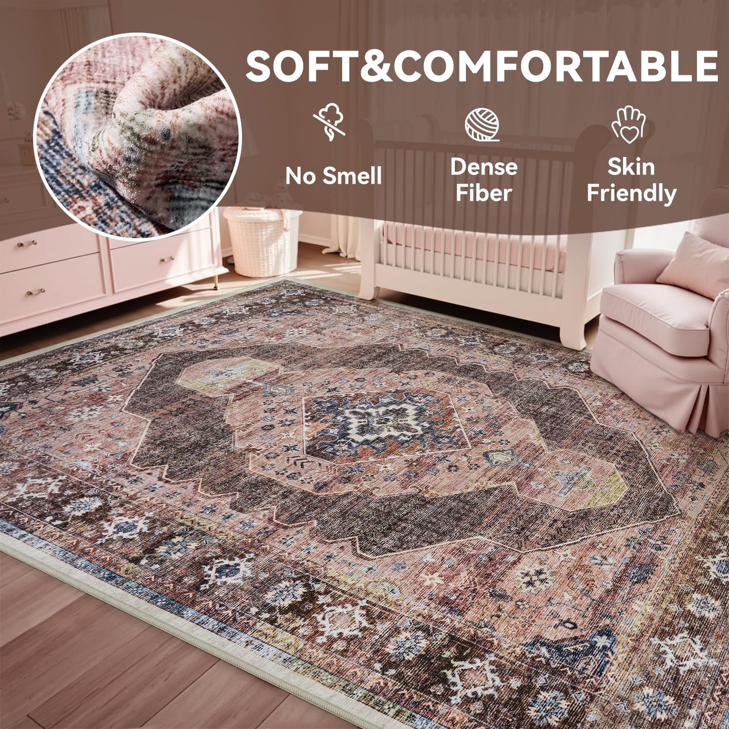 Pink Brown 5x7 Area Rugs for Bedroom Living Room Rug Girl Nursery Rug for Study Room Dining Room Rugs Carpet Washable Easy Care Non Slip Soft