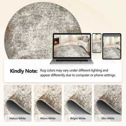 8ft Washable Round Rug - 8x8 Area Rugs Modern Abstract Rugs for Living Room Non-Slip Low Pile Soft Machine Washable Carpet for Bedroom, Living Room, Dining Room, Nursery, Farmhouse (8'x8' Brown Grey)