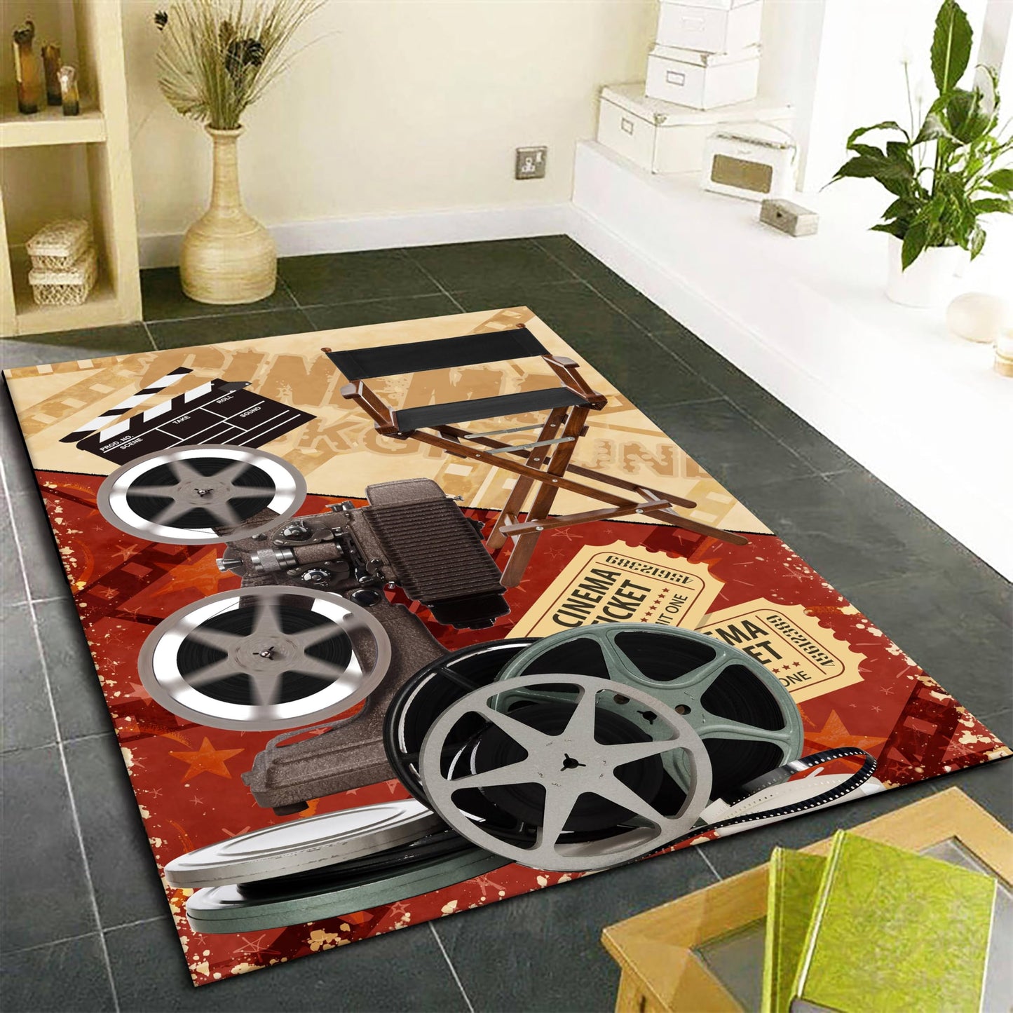 Home Theater Area Carpet, 4x6ft, Vintage Modern Film Media Room Washable Rug, Movie Clapboard Cinema Ticket Fade Resistant Mat, with Non Slip Backing Printed Carpets for Entryway