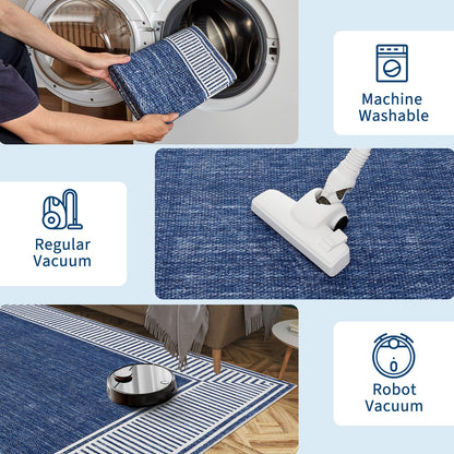GarveeHome Washable Rug 5x7 for Bedroom Large Living Room Rug with Rubber Backing Casual Striped Border Throw Carpet Modern Contemporary Area Rug for Dining Room Nursery Entry, Blue
