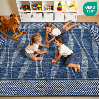 Jute Rug 3x5 Outdoor Patio Rug with Border, Washable Rugs for Entryway Porch, Farmhouse Non Slip Area Rugs with Rubber Backing, Non Shedding Carpet for Indoor Outdoor Bedroom, Courtyard, Blue