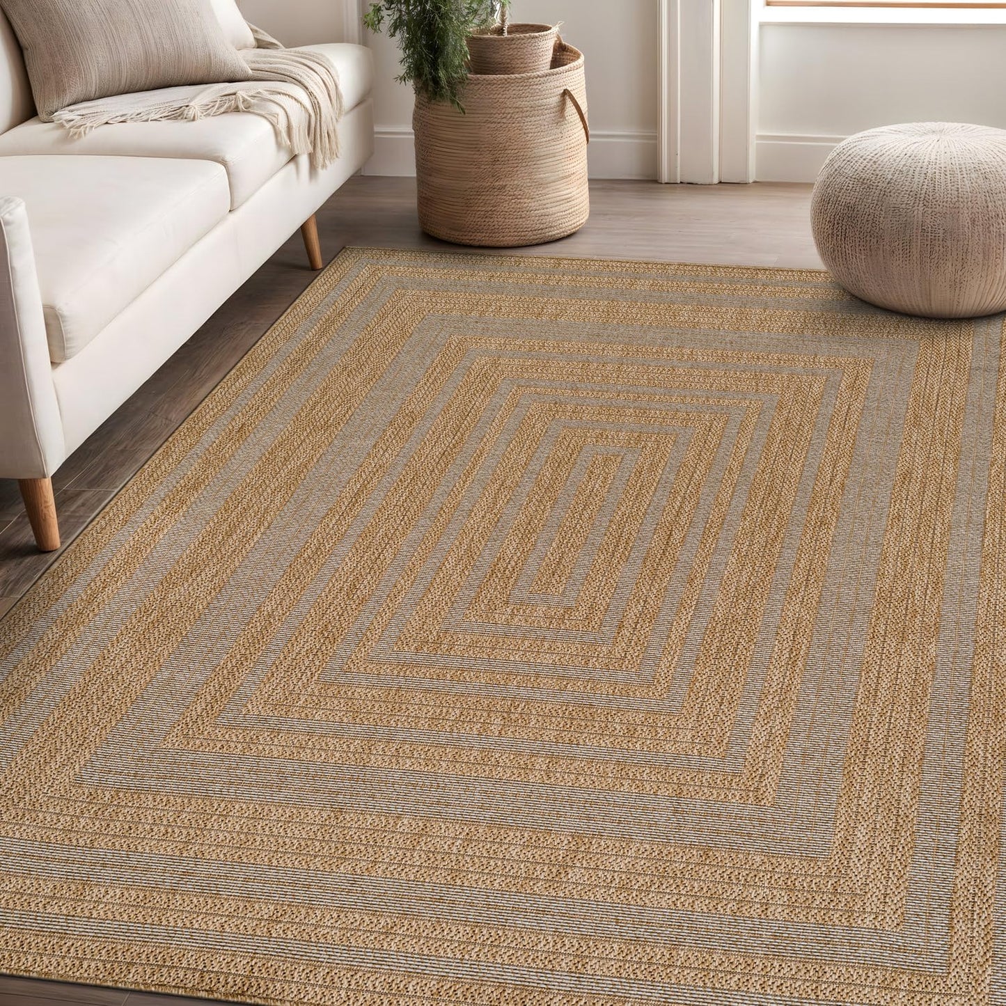 Beverly Rug Easy Jute Framed Border Rug 9x12 Washable Large Indoor Outdoor Area Rugs for Living Dining Room Patio Office Stain Resistant Non Shedding Casual Indoor Outside Carpet 9 x 12 Natural