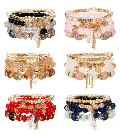 FIBO STEEL 6 Sets Bohemian Stackable Bead Bracelets for Women Stretch Multilayered Bracelet Set Multicolor Jewelry,Big Beads Elegant Style