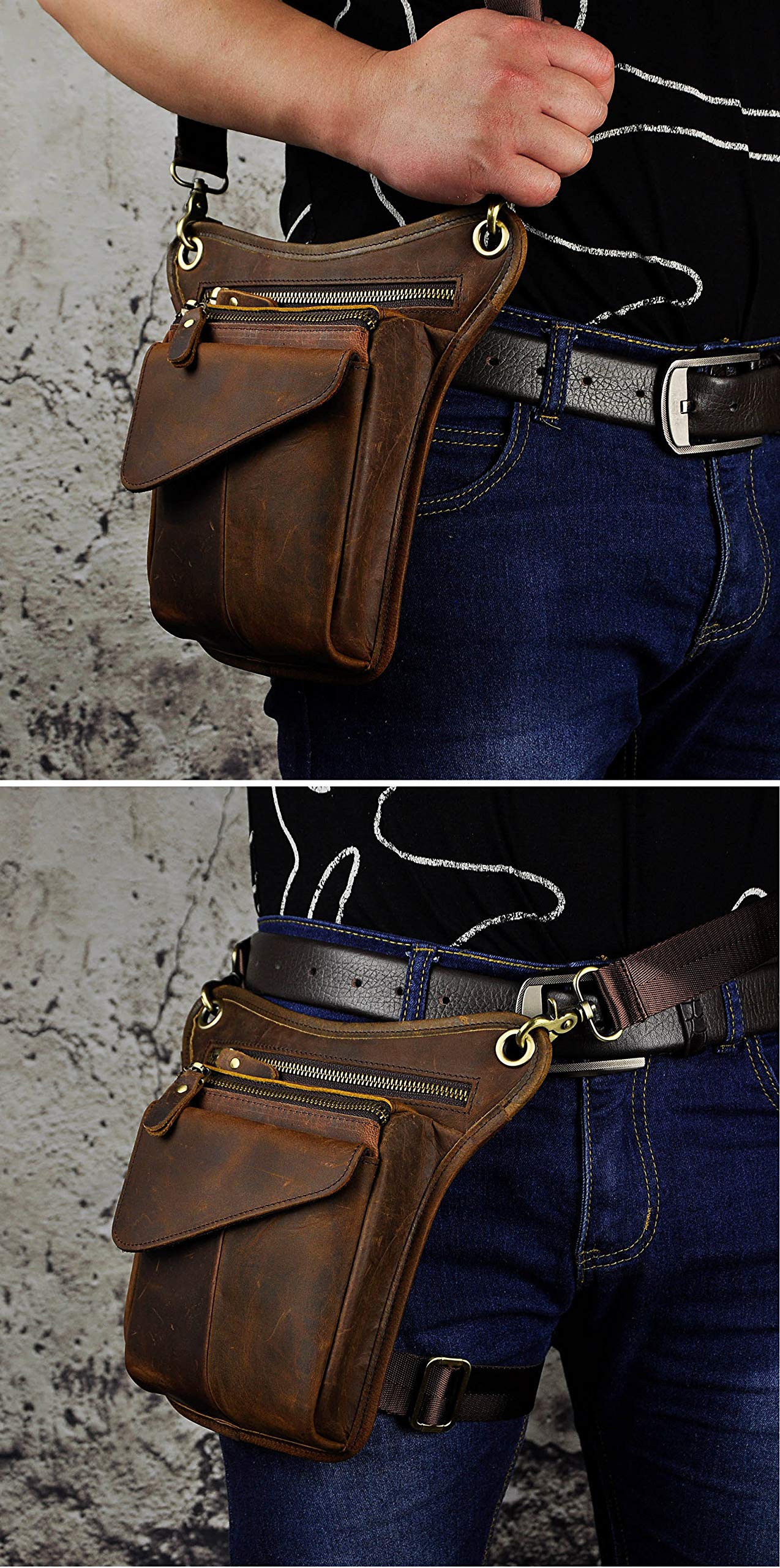 Le'aokuu Mens Genuine Leather Messenger Hiking Waist Hip Bum Pack Drop Leg Bag 211-3 1 Dark Brown