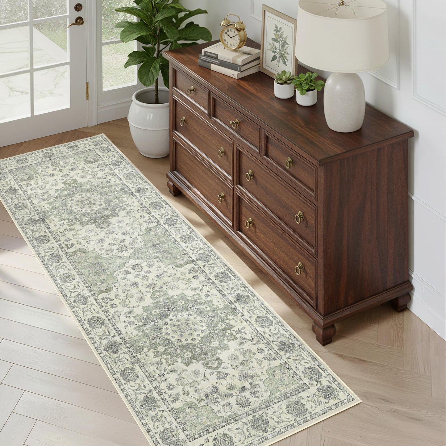 EiniHliw Sage Green Washable Hallway Runner Rug - 2x6 Kitchen Rug Distressed Low Pile Mats Non Slip Soft Rugs for Dining Room with Rubber Backing Bedroom Runner with Vintage Design (Green 2x6)