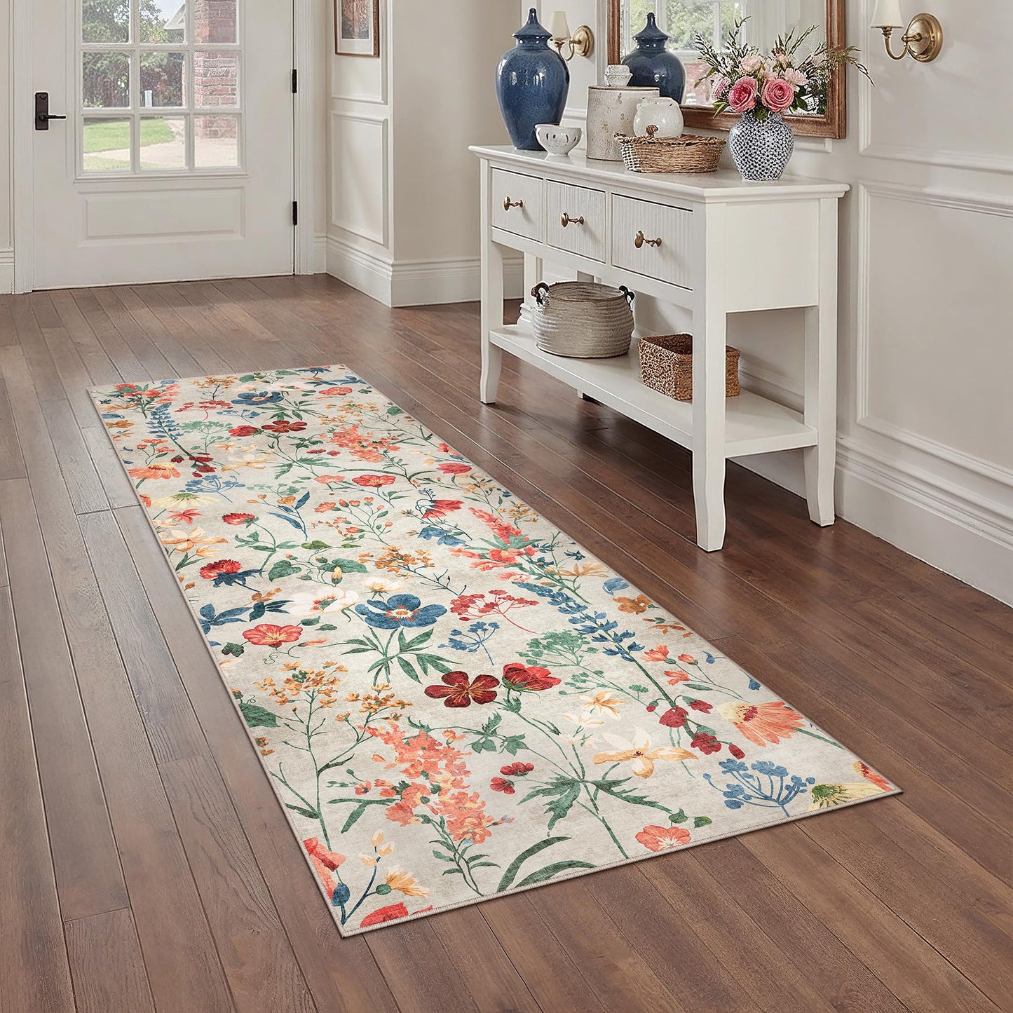 PureCozy Floral Runner Rug 2x6 Washable Hallway Long Beige Bedroom Carpet Non Slip Indoor Boho Kitchen Low Pile Accent Rug Lightweight Soft for Bathroom Dining Laundry Living Room