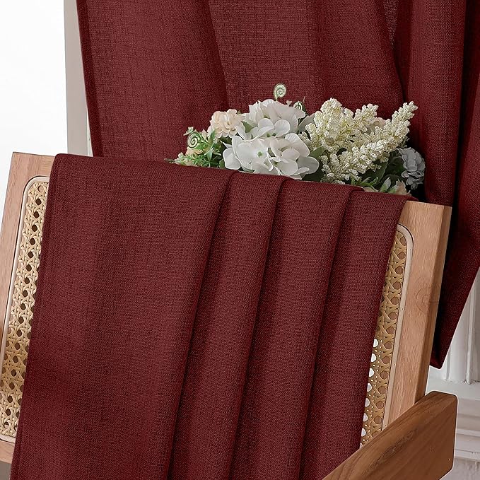 Tollpiz Linen Tier Curtain Rod Pocket Semi Sheer Half Kitchen Curtains Burlap Light Filtering Thick Linen Drape for Bathroom, 30 x 36 inches Long, Burgundy Red, Set of 2 Panels