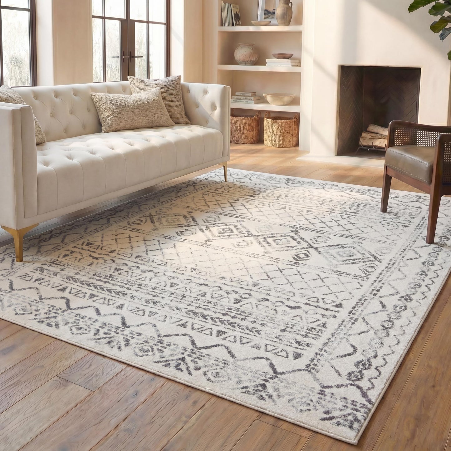 SAFAVIEH Area Rug 8x10 - Tulum Collection - Large - Ivory & Grey, Moroccan Boho Distressed Design, Non-Shedding & Easy to Clean, Ideal for Living Room, Bedroom, Dining Space (TUL268A)