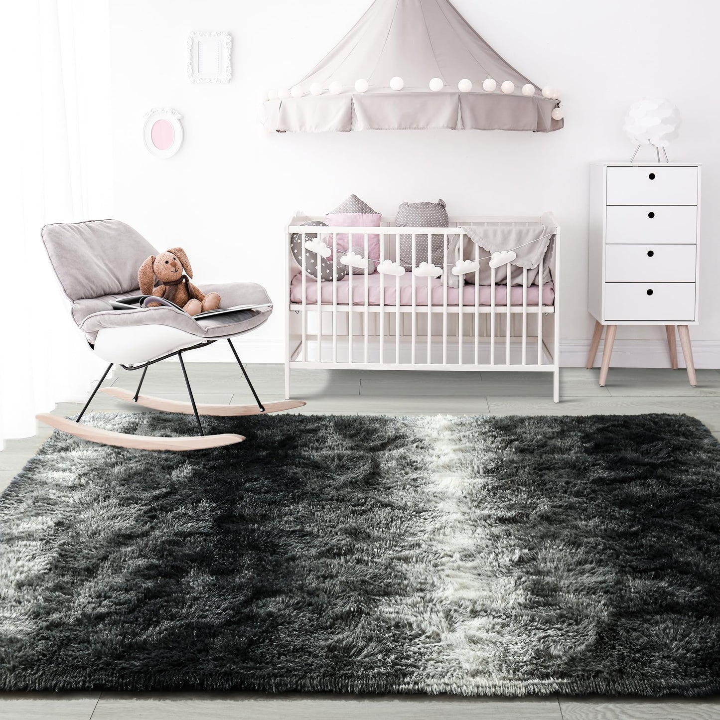 4x6 Black and White Area Rug for Bedroom Living Room Dining Room, Fluffy Shag Soft Plush Furry Carpet, Non-Slip Indoor Floor Mat for Kids Home Decor