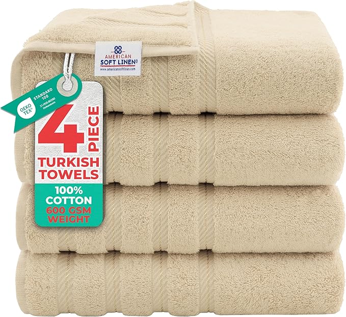 American Soft Linen Luxury 4 Piece Bath Towel Set, 600 GSM 100% Cotton Turkish