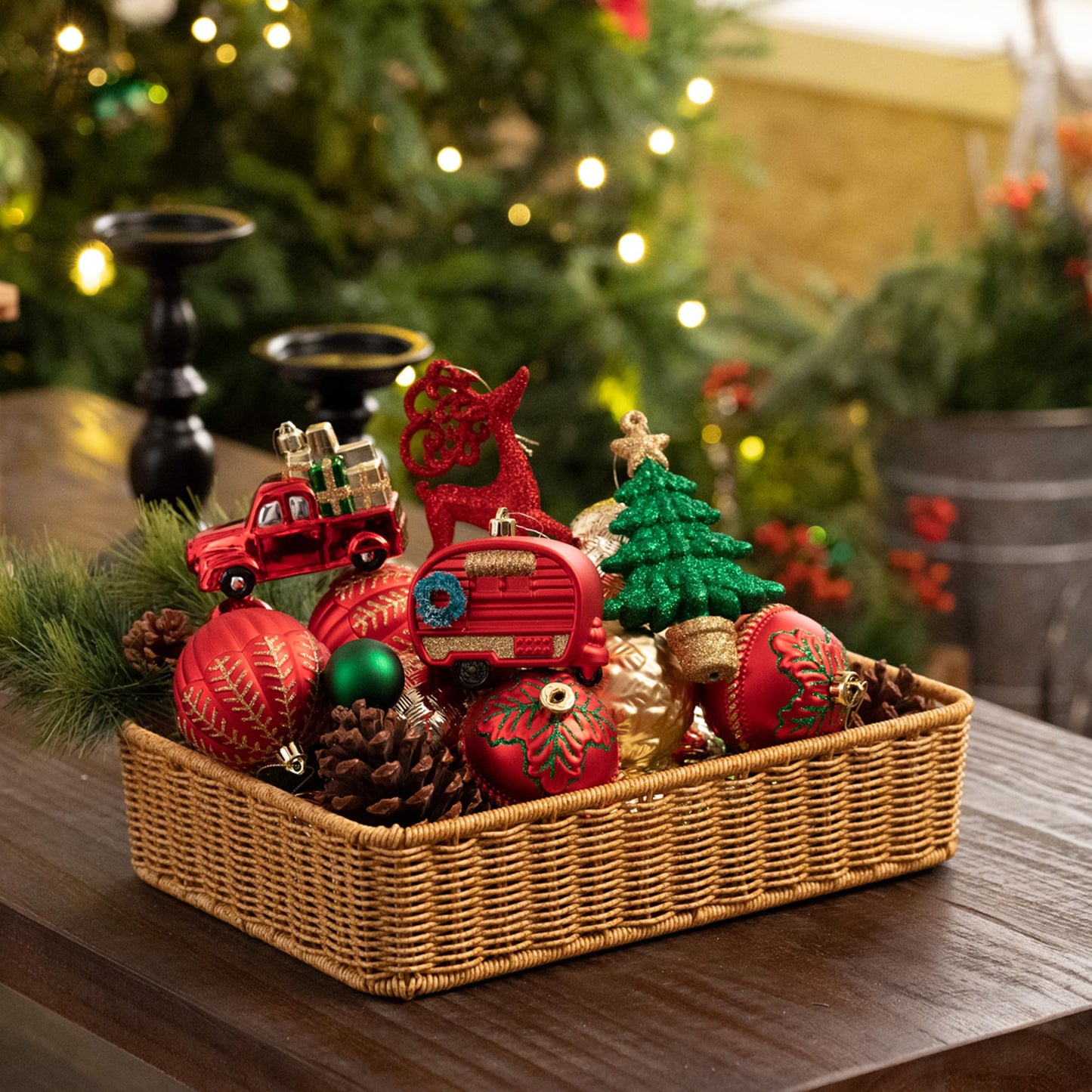 Valery Madelyn Christmas Tree Ornaments Set, 60ct Red Green and Gold Shatterproof Christmas Tree Decorations Bulk, Traditional Country Hanging Ball Ornaments for Xmas Trees Holiday Decor