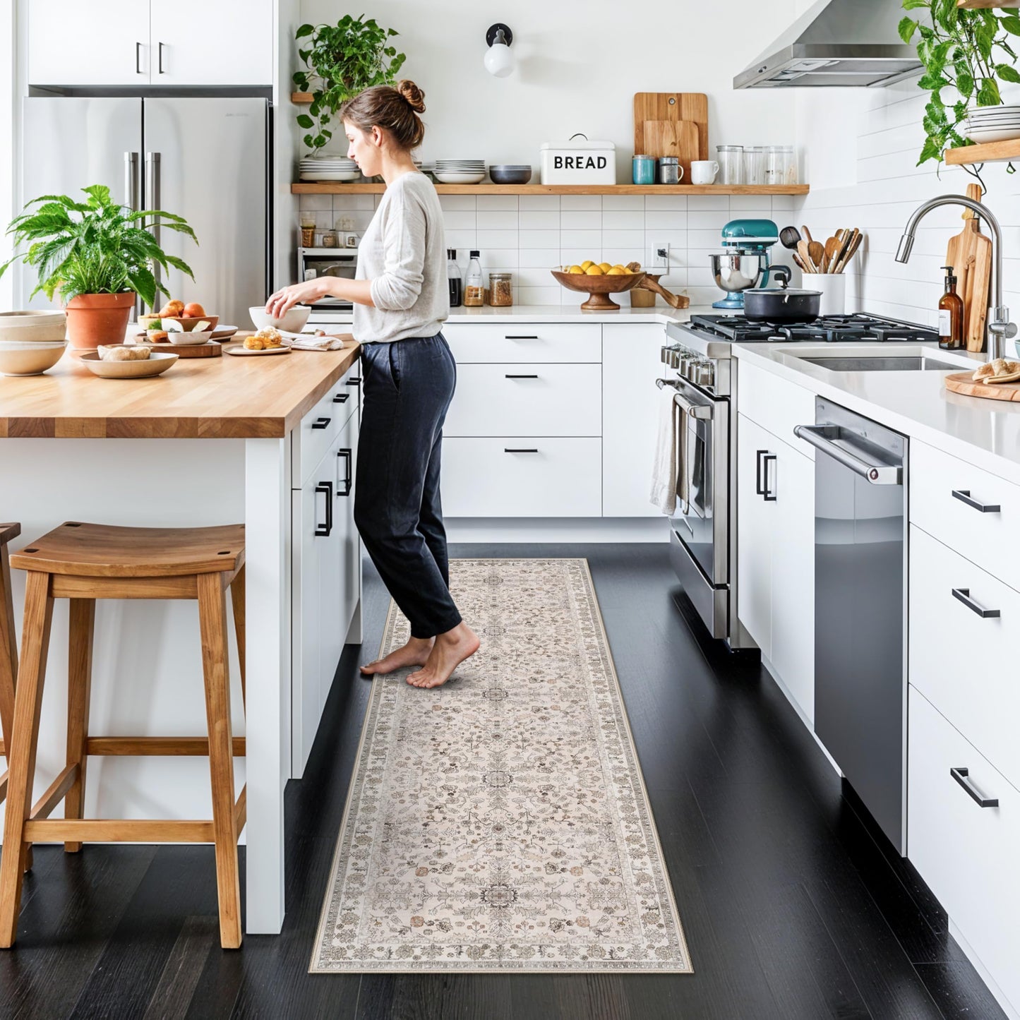 2x6 Washable Kitchen Runner Rug – Boho Vintage Non-Slip Carpet Runner for Hallway, Entryway, Bedroom & Bathroom – Soft Low-Pile Thin Area Rug with Rubber Backing (Beige,2x6)