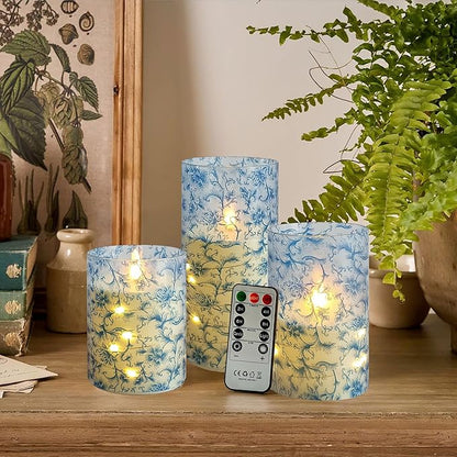 Flickering Flameless Candles Blue Floral Print, Embedded Star String Lights, Battery Operated Acrylic LED Pillar Candles with 11-Key Remote and Timer for Home Decoration, 3 Pack