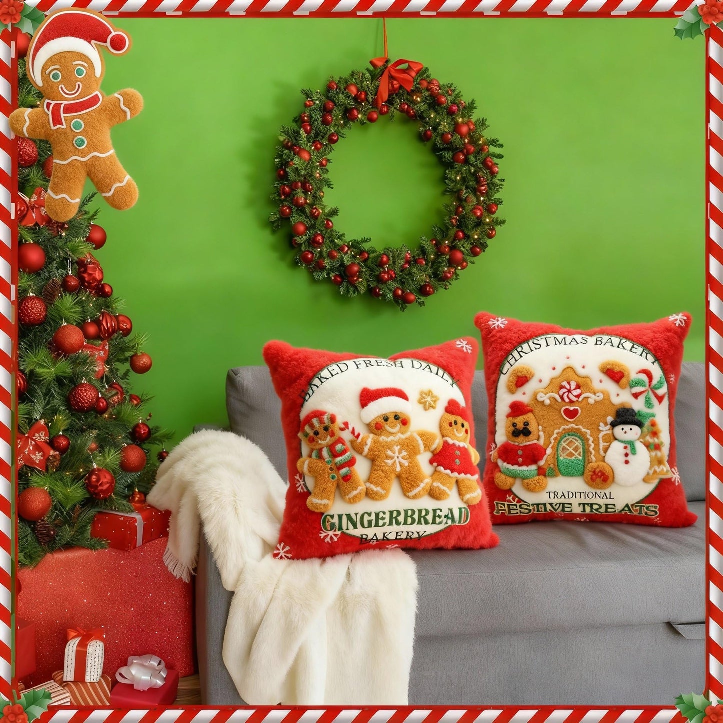Hahafelt 2 Pcs Christmas Gingerbread Throw Pillow Covers 18x18 Inch 3D Embroidered Christmas Gingerbread Man Decorative Square Pillowcases Cushion Covers Soft Plush Faux Fur Wool Decor for Winter