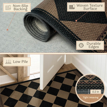 Black & Brown Checkered Easy Jute Outdoor Rug 4x6 for Porch Patio, Washable Non-Slip Diamond Checkerboard Entryway Office and Backyard Boho Border Rug, Farmhouse Low Pile Indoor Carpet for Living Room