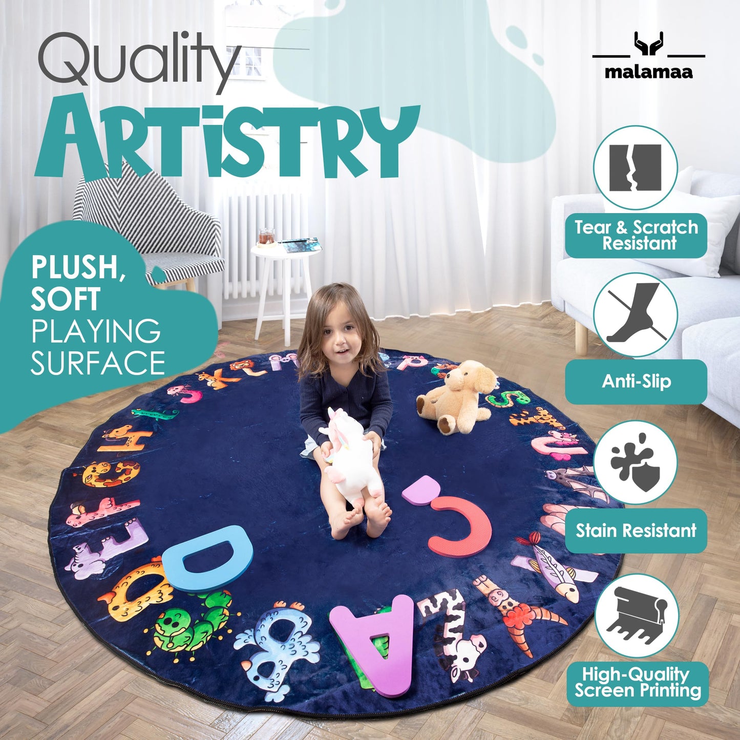 Malamaa ABC Alphabet Rug for Kids – 6 ft Round Blue Play Mat for Toddlers & Babies, Soft Nursery Decor for Learning Letters, Classroom & Playroom Area Mat