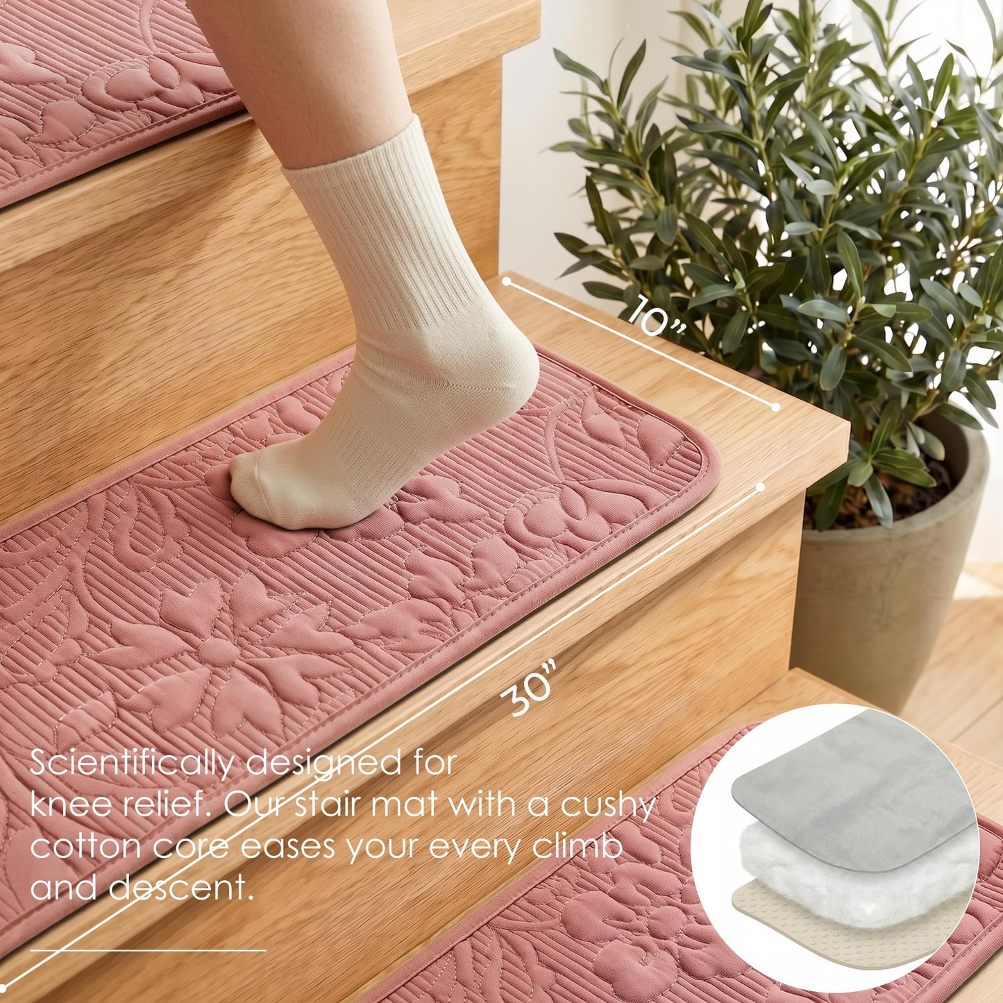 Stair Treads for Wooden Steps Indoor, Rugs Runners for Kids and Pets, 10"X30"(15Pack) 3D Embroidery Stair Carpet Treads with Reusable Non-Slip Silicone Particles Backing, Machine Washable, Dusty Rose