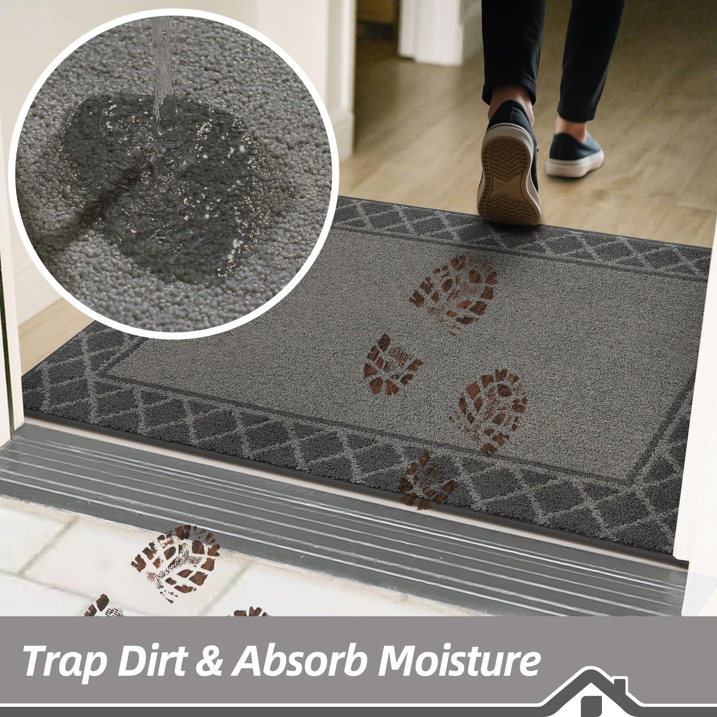 BEQHAUSE Door Mat Indoor Entrance Dirt Trapper Rugs for Entryway Non Slip Welcome Mat Absorbent Floor Mat Low Profile Washable Front Doormat for Dirty Paws, 24" x 36", Grey