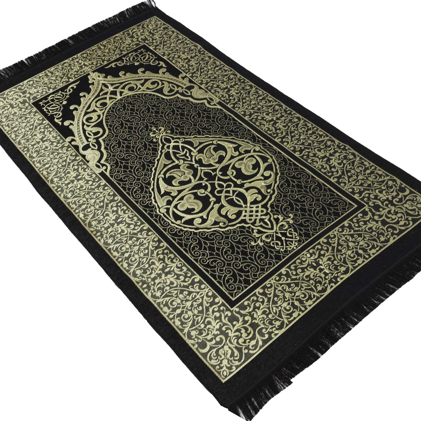 Modefa Islamic Prayer Rug Thin Woven Chenille and Taffeta Turkish Sajadah Intricate Design Metallic Ottoman Mat (Black + Blue)