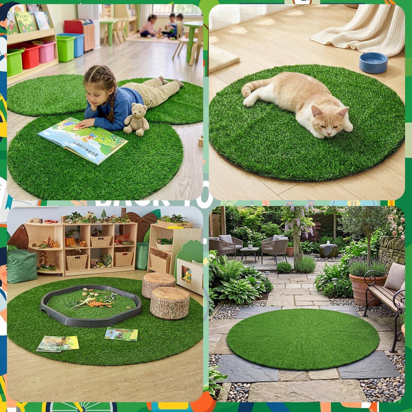 Dunzy 2 Pack Artificial Grass Mats for Class 39 Inch Round Classroom Rug Floor Cushions Soft First Day of School Educational Mat Non Slip Back to School Learning Playing Areas