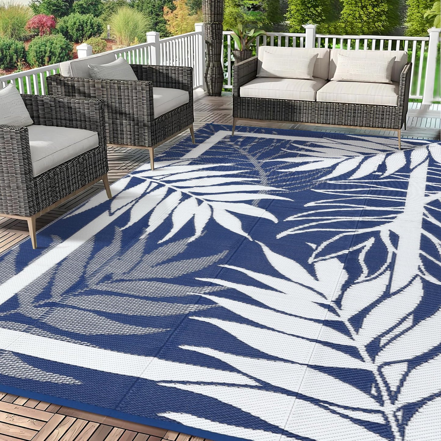 GAOMON 9'x18' Outdoor Rug Waterproof, Reversible Plastic Straw Rug for Large Patio, Backyard, Poolside, Deck – UV Resistant, Heavy Duty, Easy Clean Outdoor Carpet for High Traffic, Navy&White