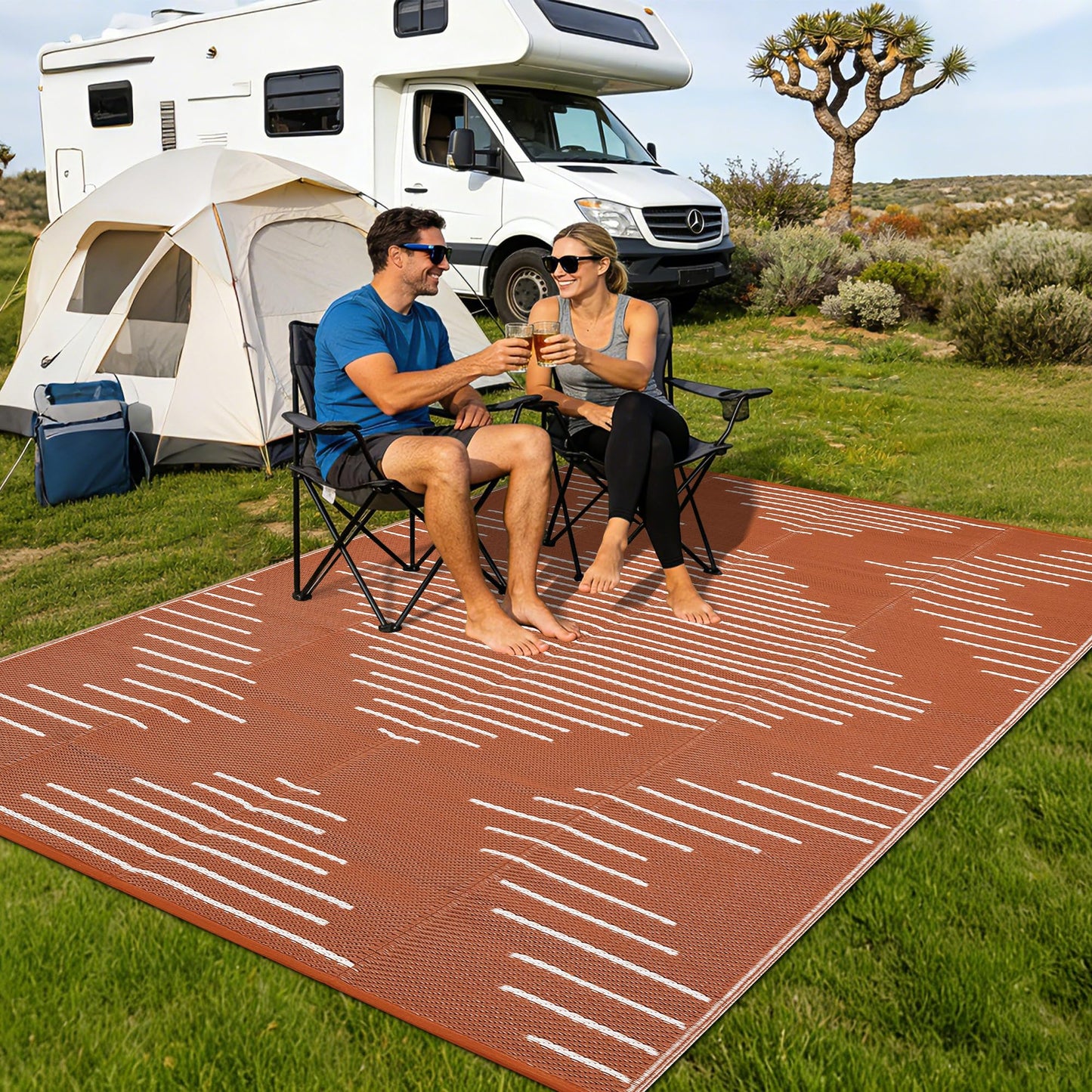 Garvee 6x9 Area Rugs Plastic Reversible Patio Rugs Outdoor Waterproof Easy-Cleaning Large Floor Mat for Outdoors Backyard Porch RV Beach Picnic Terracotta White