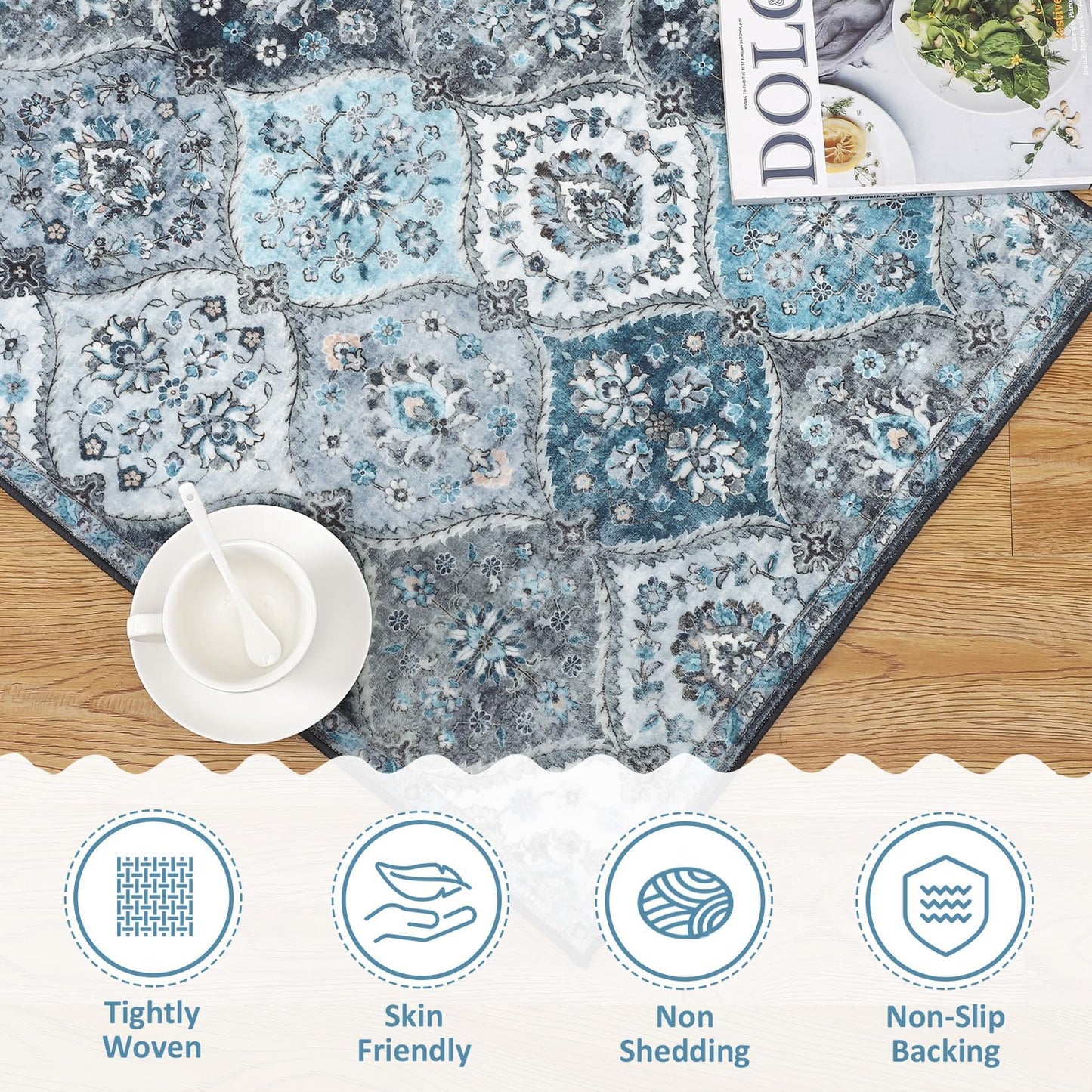 Garvee Living Room Rug 8x10 Washable Rug Trellis Rugs for Bedroom Non Slip Low Pile Indoor Carpet Soft Non-Shedding Foldable Thin Mat for Bedroom Dining Room Farmhouse Kids Playroom Office Blue