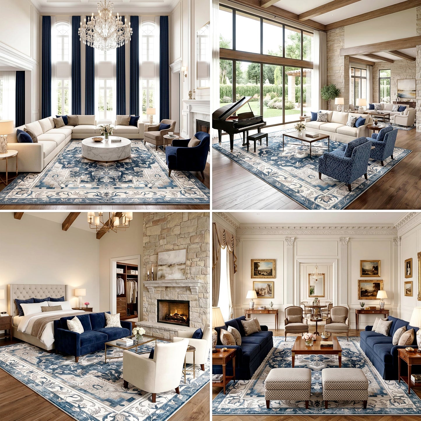Cnythlis Washable Area Rug 9'x12', Non-Slip 0.3" Low Pile Rug for Living Room Bedroom, Pet Friendly Boho Farmhouse Floral Carpet, Stain Water Resistant, Extra Large, Slate Blue & Ash Gray