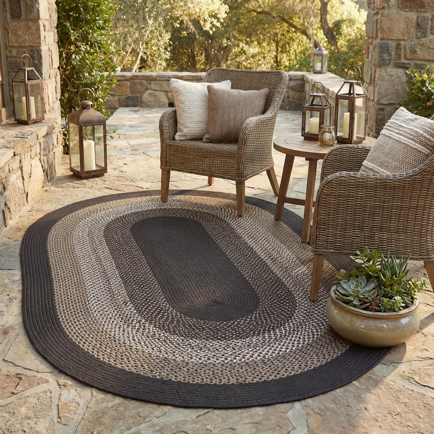 Super Area Rugs Rustic Taupe & Dark Gray Oval Braided Rug for Entryway/Foyer, Woven Outdoor Rug for Patio/Porch 3' x 5' Oval