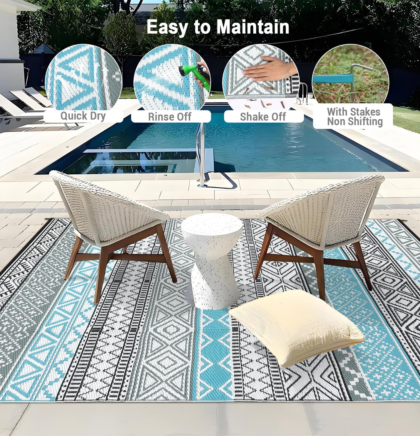 COZYLOOM Outdoor Rug Carpet Waterproof 9x12 ft Reversible Patio Rug Outside Plastic Carpet, Stain & UV Resistant Portable RV Mat Straw Rug for Camping, Backyard, Deck, Picnic, Porch, Blue/Grey