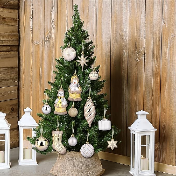Alupssuc 112pcs Christmas Balls Ornaments Set, Shatterproof Plastic Baubles Christmas Penguin, Polar Bear for Xmas Tree Holiday Wedding Party Decorations with Hanging Strings, Gold, Silver and White
