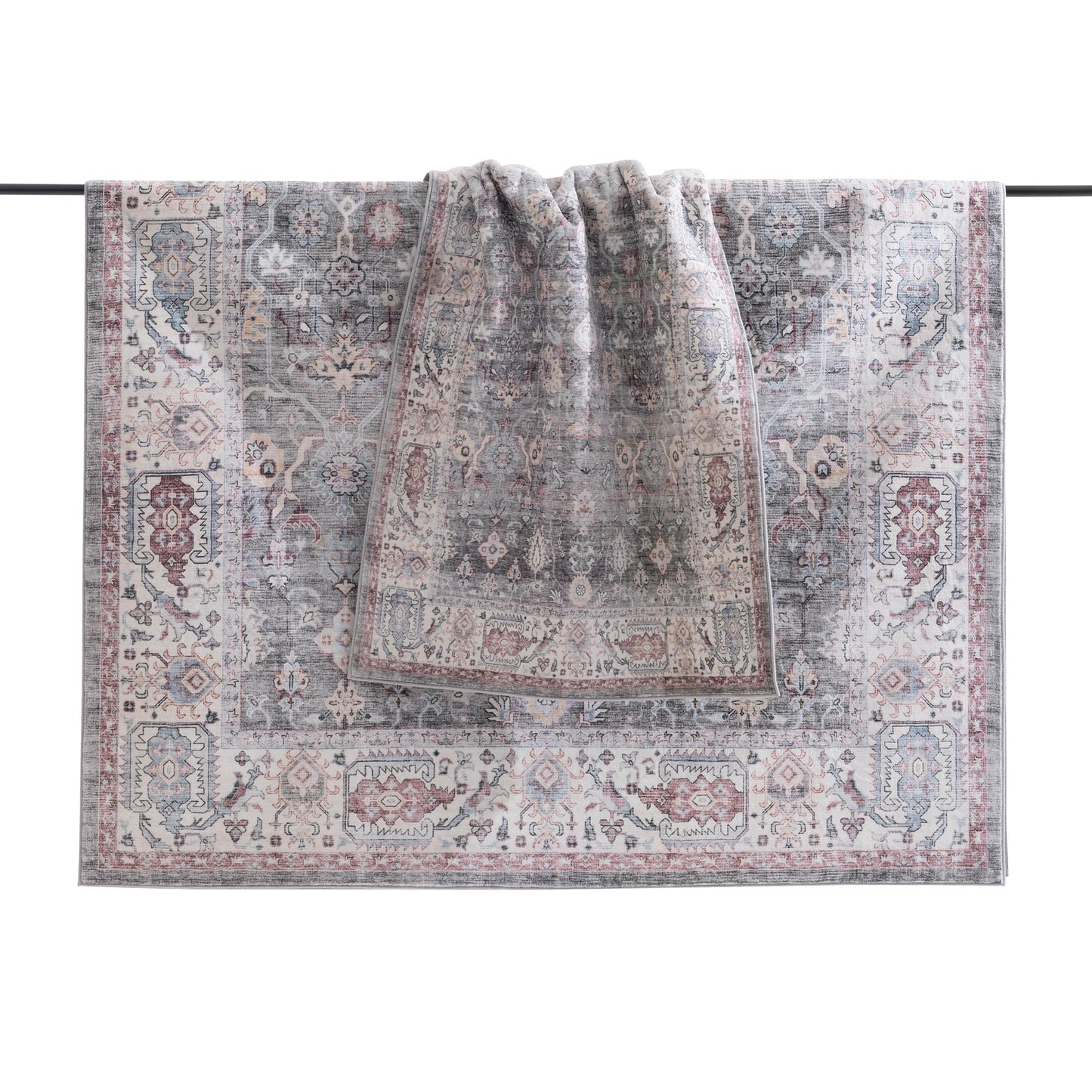 Carvapet 5x7 Area Rug - Gray Pink Vintage Floral Traditional Rectangular Carpet Low Pile, Non Slip Rubber Backing Machine Washable Rugs for Living Room Bedroom
