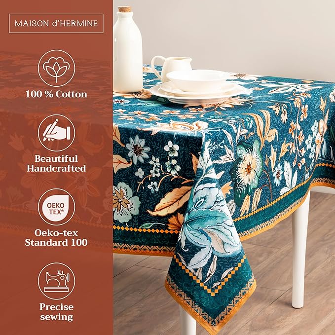 Maison d' Hermine Table Cloth Rectangle Table 100% Cotton 70 x 120 Inches Fall Tablecloth Reusable Everyday Use for Thanksgiving Christmas Decorations Dining Farmhouse Party (Luxury Loft - Dark Teal)