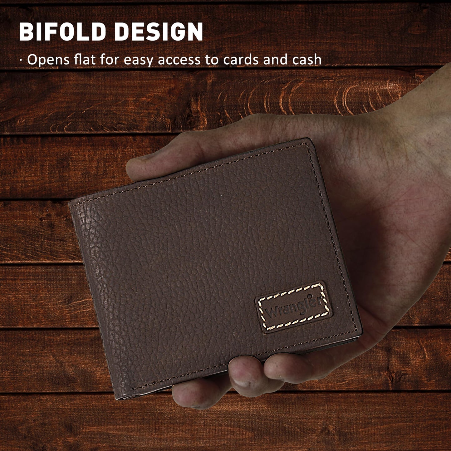 Wrangler Bifold Wallet for Men, Slim Casual Genuine Leather Purse, RFID Blocking, Gift for Him