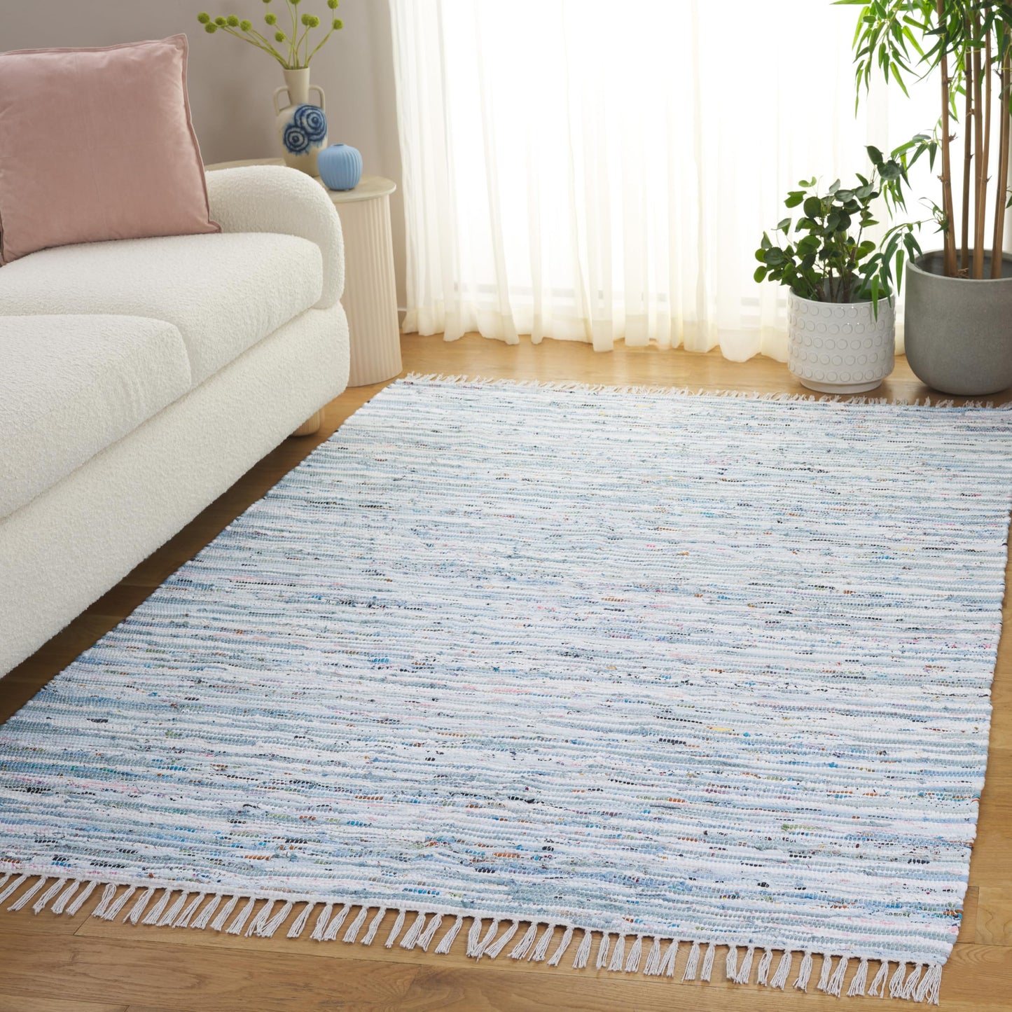 SAFAVIEH Rag Rug Collection Area Rug - 5' x 7', Light Blue & Multi, Handmade Boho Stripe Cotton, Ideal for High Traffic Areas in Living Room, Bedroom (RAR125A)