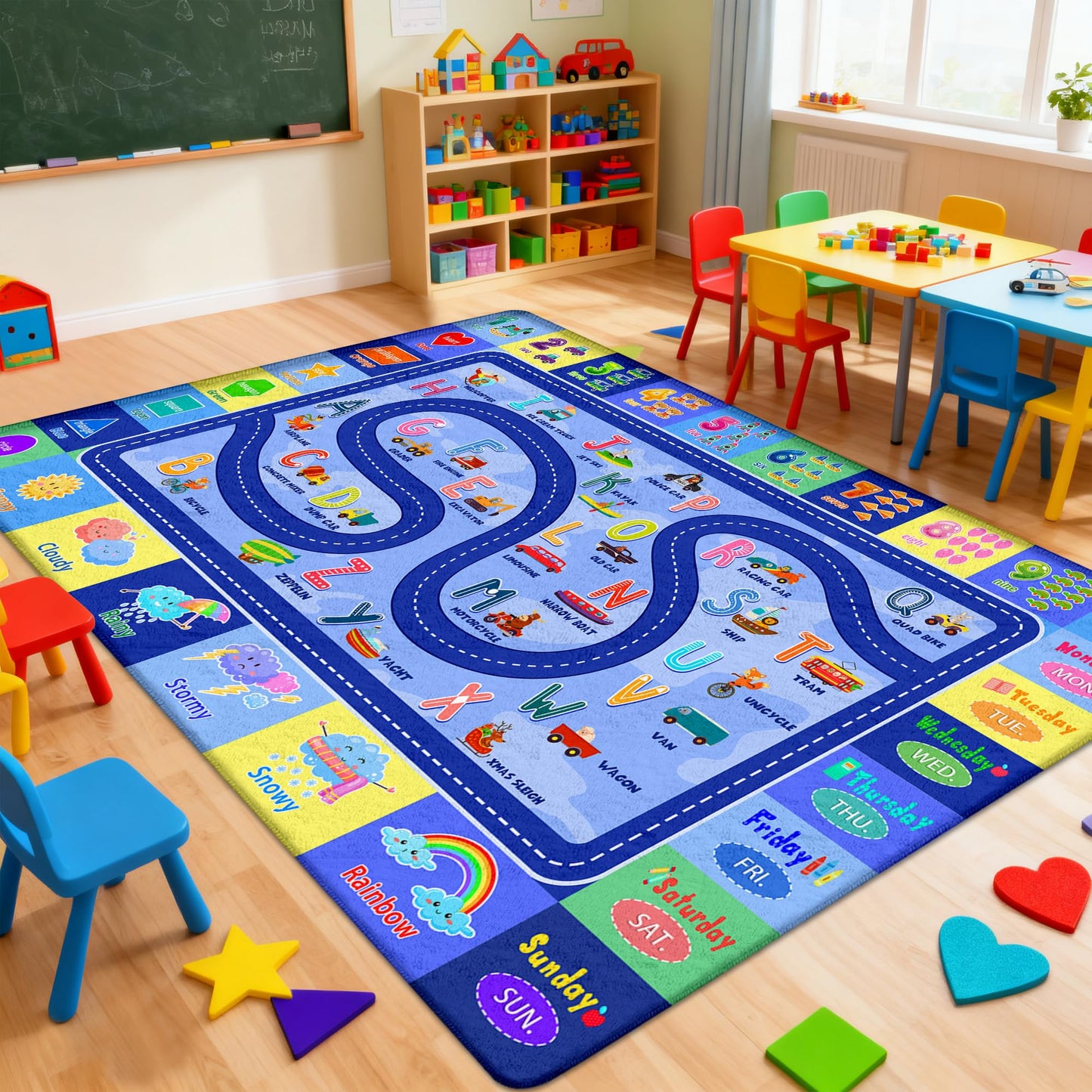 Kids Rug for Playroom, Educational Classroom Rug for Kids Room, Washable Nursery Rugs, Soft Non-Slip Play Mat for Learning ABC Carpet, Vehicles, Numbers, Animals, Colors, Shape, Season 4x6 Feet
