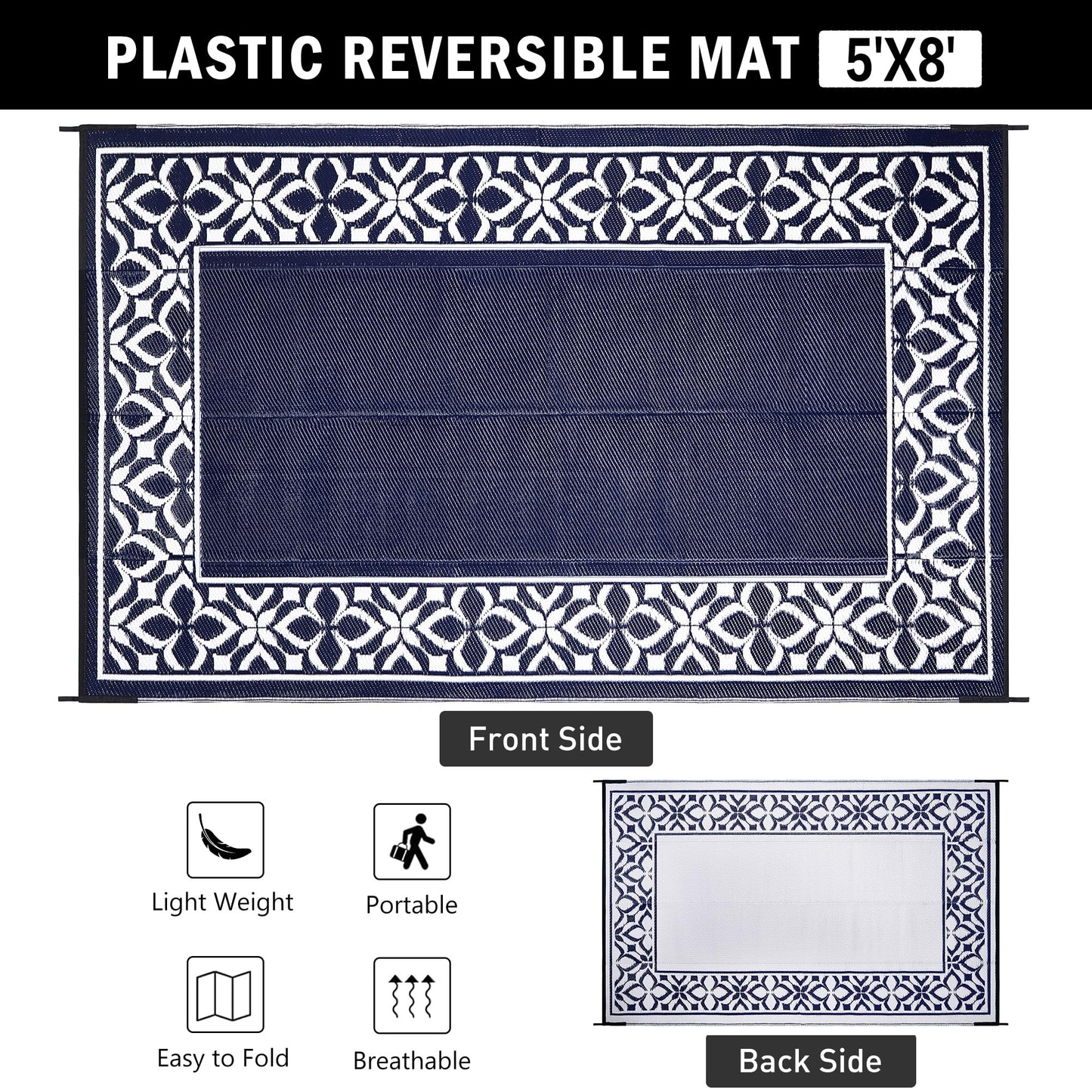 PureCozy Outdoor Plastic Straw Rug Navy Blue Large Outside Waterproof Outdoor Patio 5x8 Carpet Geometric Reversible Mat Modern for Camping RV Porch Deck Balcony Beach